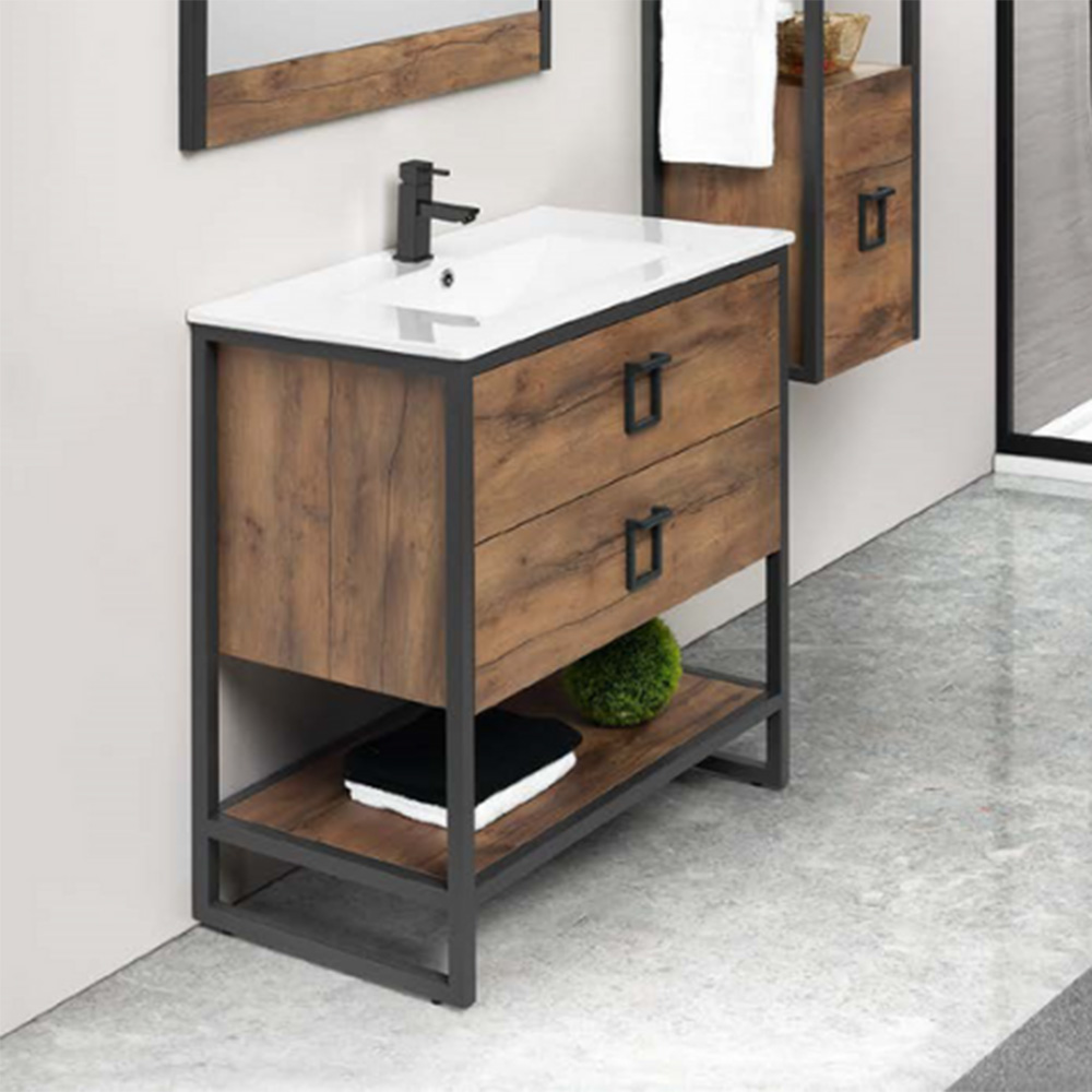 Muebles de baño con espejo y lavabo y columna